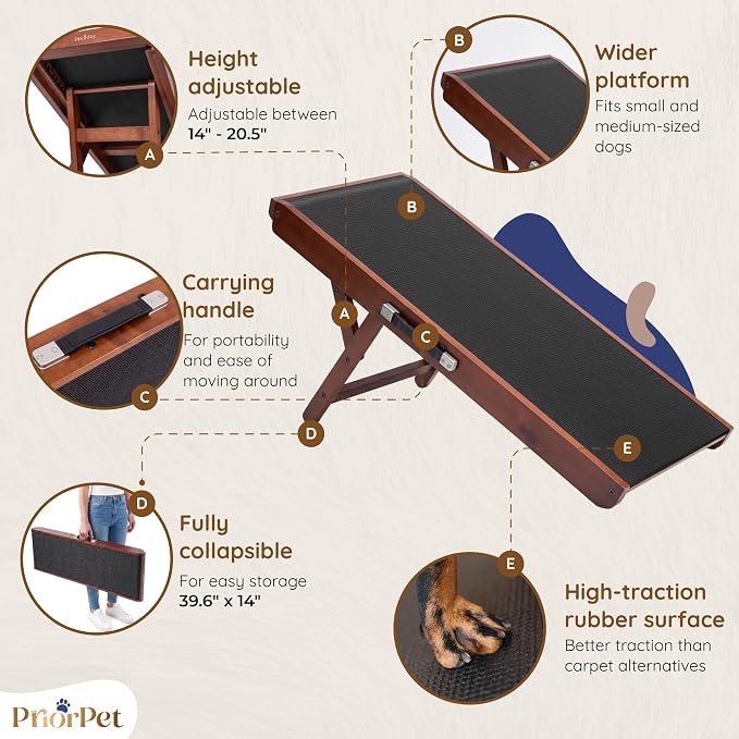 Dog Ramp for Couch – Non-Slip, Sturdy Build Foldable Wooden Dog Ramp – Supports up to 200 lbs – 7 Adjustable Heights (14"–20.5") – Enhanced Stability – Birchwood Pet Ramp for Small Dogs – Walnut