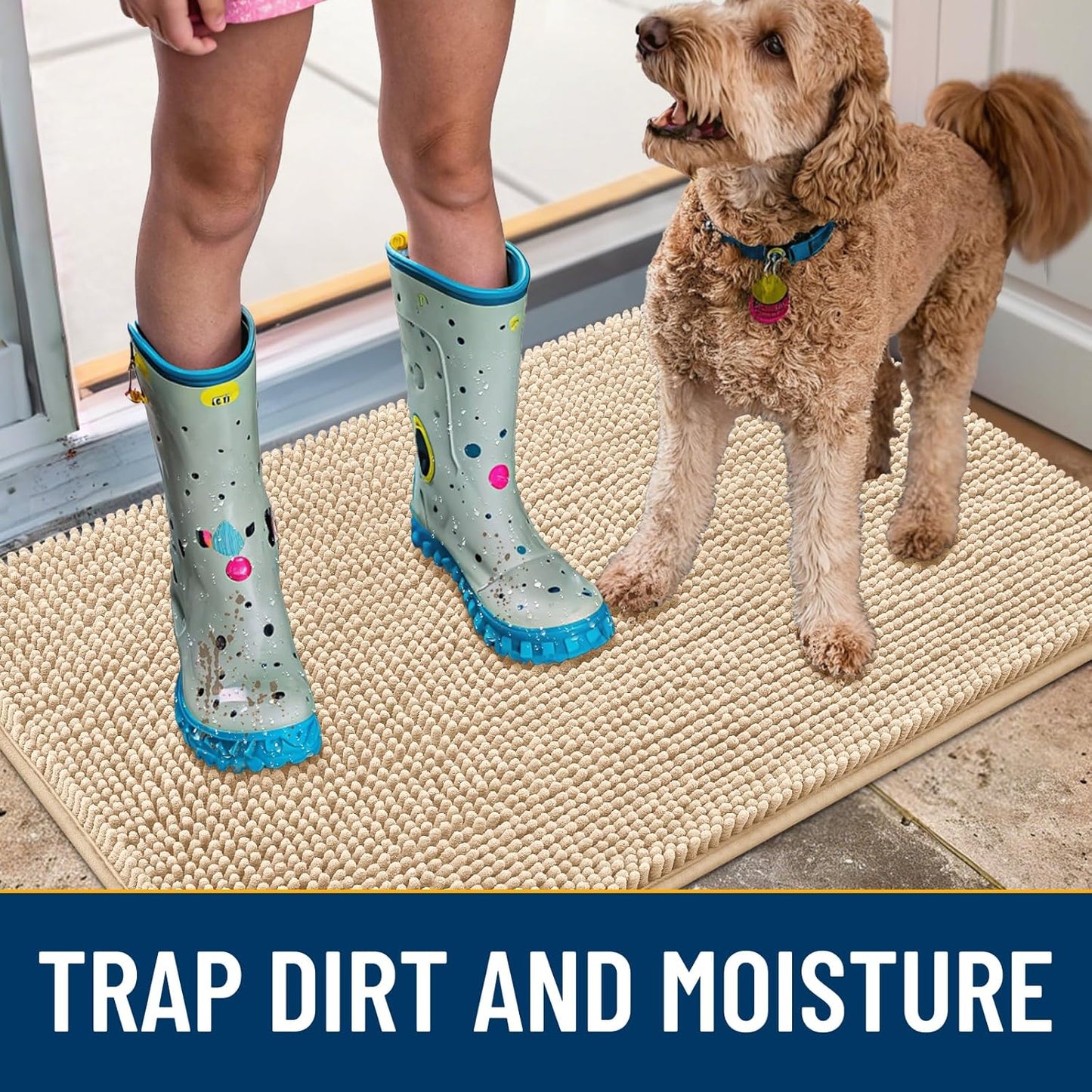 Smiry Dog Door Mat for Muddy Paws 40x32, Absorbs Moisture and Dirt Doormat, Non-Slip Washable Quick Dry Chenille Front Door Mat Indoor Entrance, Entryway Carpet for Inside Floor, Beige