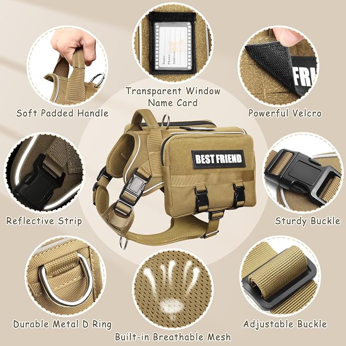 Dog Backpack Harness and Leash Set for Medium Sized Dog Brown M | Removable Side Pockets Dog Vest with Padded Handle&MOLLE,No Pull Front&Back Metal Clips for Hiking Training Walking Hunting