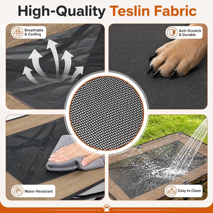 Foldable Elevated Dog Bed for Large Dogs, No-Assembly Raised Dog Cot, Portable Outdoor Cooling Bed with Breathable Teslin Mesh, Anti-Slip Feet, Sturdy Frame Supports 150 lbs, Indoor, Camping