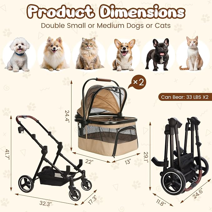 Foldable Double Pet Stroller for 2 Small Medium Cats Dogs | Convertible single/double | Detachable carriers | All-terrain wheels & shock | Safety brakes & tether | Breathable oxford