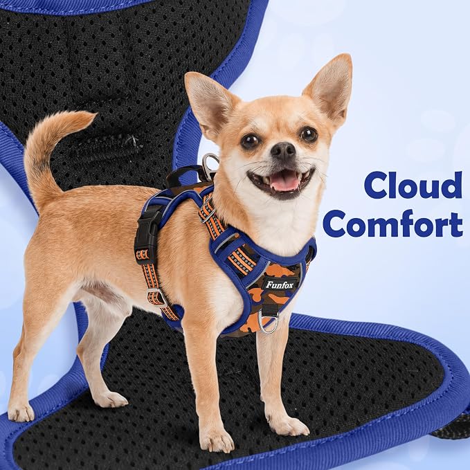 Dog Harness No Pull, Adjustable Pet Vest Harness, Super Soft Material with Vertical Handle Easy Control, Reflective Night Walking, 2 Leash Clips for Small Sized Dogs, Camo Orange, S