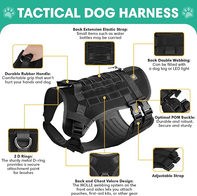 YooxArmor No Pull Dog Harness and Leash Set, Tactical Adjustable for Medium Sized Dog, Easy Walk Soft Vest Padded Oxford for Training Hiking (Black-M)