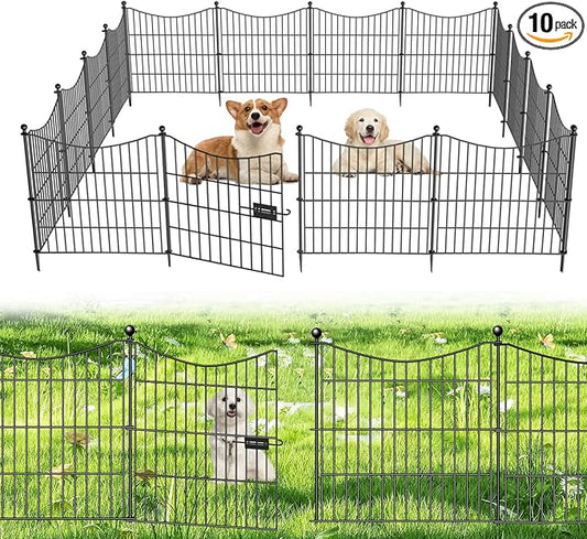 10 Panels Decorative Garden Fence with Gate, 24 in(H) X 20 ft(L) No Dig Dog Fence Animal Barrier Outdoor for Yard, Rustproof Metal Garden Edging and Borders, Temporary Fencing Stakes
