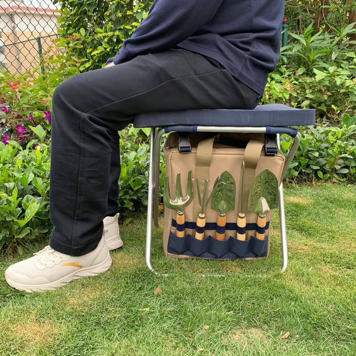 Garden Folding Gardener Stool with Gardening Tools Insulation Garden Bags Plus 5 Garden Tools and Gardening Kneeler Ideal Gift for Mother's Day/Father's Day (Navy Blue)