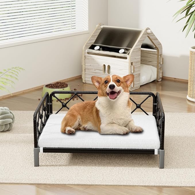 Indoor & Outdoor Dog Bed, Elevated All-Weather Wicker Pet Sofa with Washable Waterproof Cushion, Durable Rattan Dog Couch for Small Dogs, Black Rattan/White Mat