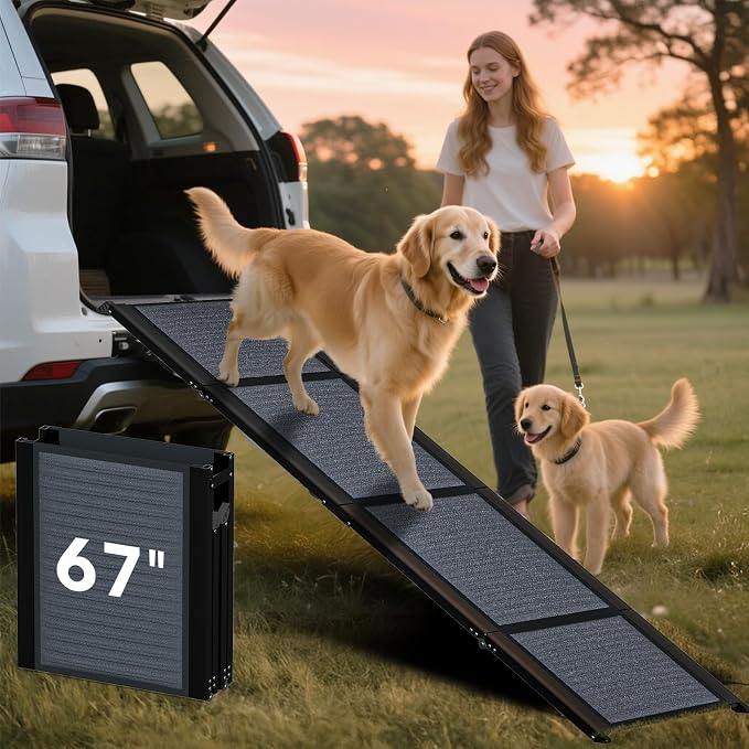 HBTower 67" L x 17.3" W Folding Dog Car Ramp for Large Dogs Up to 250 LBS | Extra Wide Dog Car Ramps, Portable Pet Ramp with Non-Slip Surface, Collapsible Design for SUV, Truck & High Beds