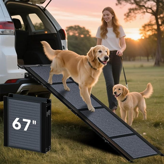 HBTower 67" L x 17.3" W Folding Dog Car Ramp for Large Dogs Up to 250 LBS | Extra Wide Dog Car Ramps, Portable Pet Ramp with Non-Slip Surface, Collapsible Design for SUV, Truck & High Beds