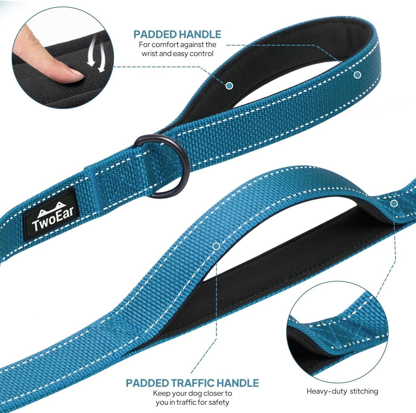 TwoEar 6FT 1IN Strong Blue Dog Leash with 2 Padded Handles, Traffic Handle Extra Control, Comfortable Soft Dual Handle, Auto Lock Hook, Reflective Walking Lead for Small Medium and Large Dogs