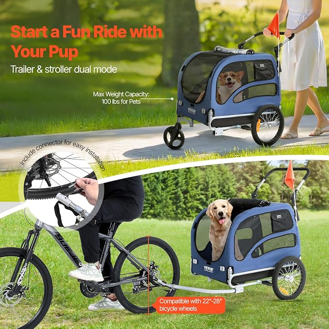 VEVOR Dog Bike Trailer, Supports up to 66/88/100 lbs, 2-in-1 Pet Stroller Cart Bicycle Carrier, Easy Folding Cart Frame with Quick Release Wheels, Universal Bicycle Coupler, Reflectors, Flag