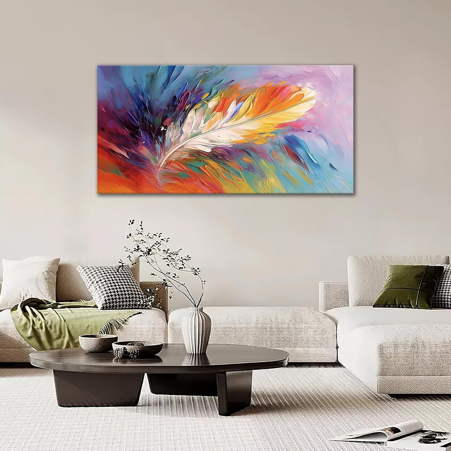 Large Abstract Wall Art for Living Room Abstract Colorful Feather Big Space Size Feather Scenery Landscape Framed Canvas Prints Pictures Painting Artwork Office Bedroom Home Decor 30"x60"