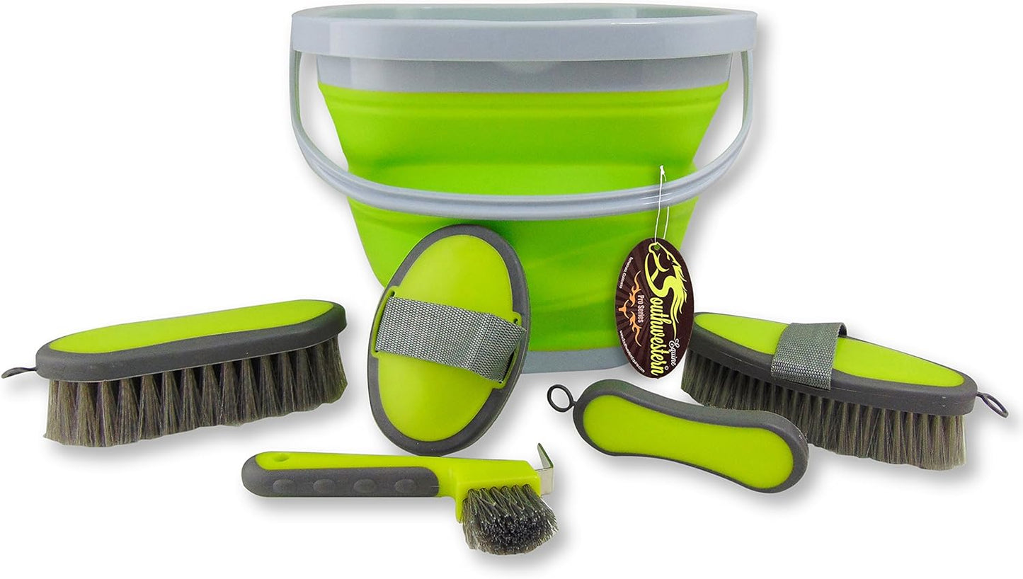 Collapsible Grooming Kit 10 Liter Bucket and 5 Grooming Tools - By Southwestern Equine (Lime Green)