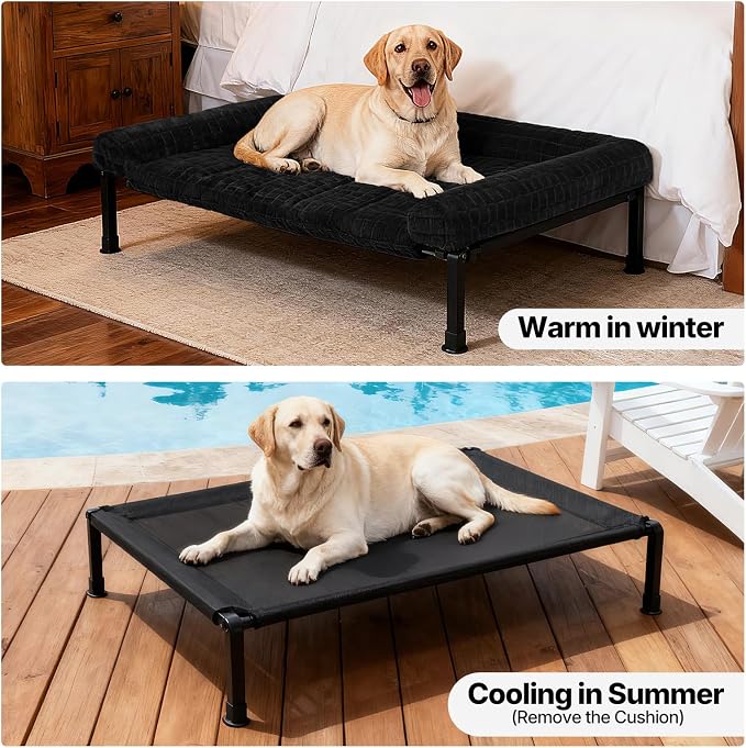 Veehoo Elevated Dog Bed with Fluffy Plush Bolster Cushion, Dog Couch Bed | Cooling Raised Dog Bed for Large Dogs, Washable Orthopedic Pet Cot with Removable Mat, Breathable Mesh, Non-Slip, 45", Black