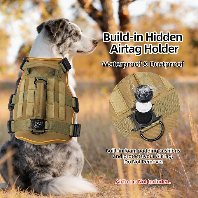 Reflective Tactical Dog Harness with AirTag Holder&3 Pet Patches, Khaki M | Heavy Duty No Pull Dog Harness, Adjustable Dog Harness, Two Handles, Breathable Mesh Padding, Resists Dirt and Stay Clean