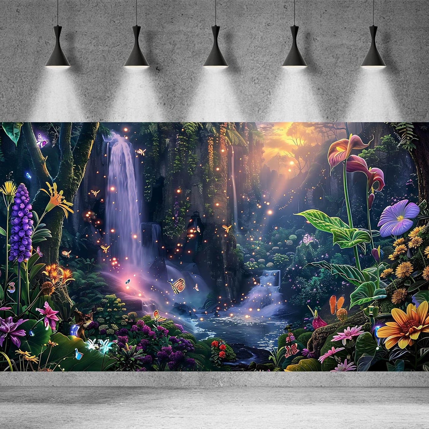 Fantasy Garden Aquarium Background Sunset Waterfall and Flowers Terrarium Backdrop Tropical Forest Lush Plant Magic Butterfly Lights Flowers Fish Tank Background Poster Decorations 72x18in