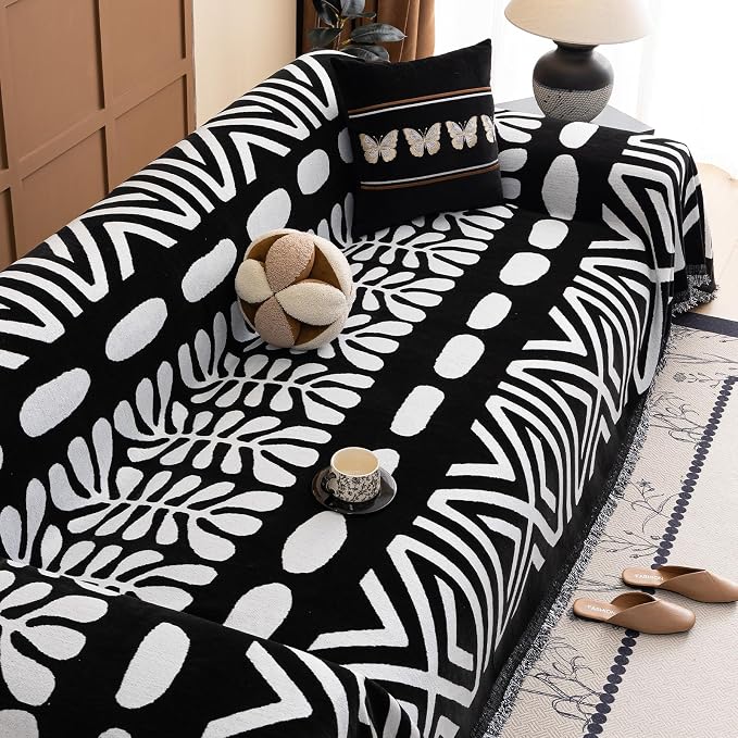VClife Minimalism Tribal Couch Cover Non Slip White Black Geometric Jacquard Sofa Cover Washable Bohemian Style Aztec Couch Slipcover for Sectional Couch Chenille Furniture Protector 71''x134''
