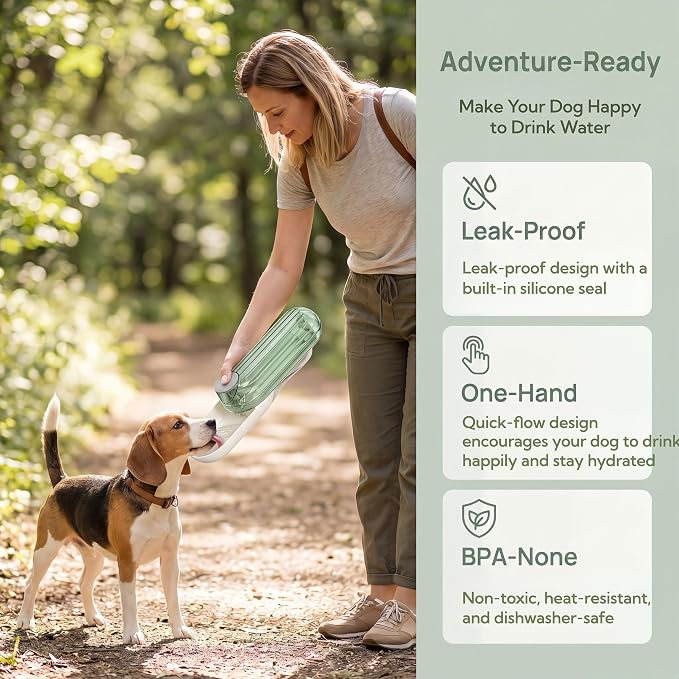 Portable Dog Water Bottle with Food Container, 2-in-1 Pet Water Dispenser & Travel Bowl, Leak-Proof Puppy Water Bottle for Small Dogs & Cats, Perfect for Walking, Hiking, Dog Mom Gifts（Green
