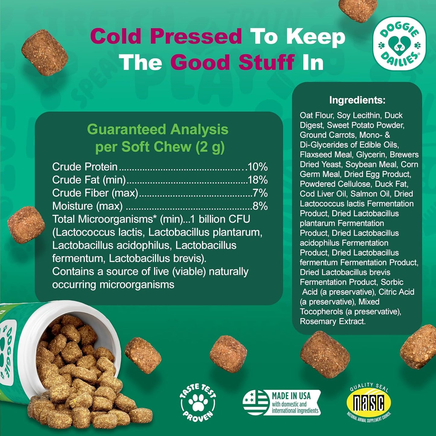 Doggie Dailies Probiotics for Dogs, Advanced Probiotics with Prebiotics, Promotes Digestive Health, Supports Immune System & Overall Health, Duck Flavor, 225 Chews