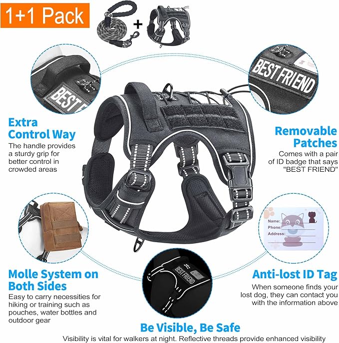 Beebiepet Heavy Duty Tactical Dog Harness for Small Dogs, No Pull Adjustable Pet Harness Reflective Service Training Easy Control Pet Vest Military K9 Working Dog Harnesses- Large, Black