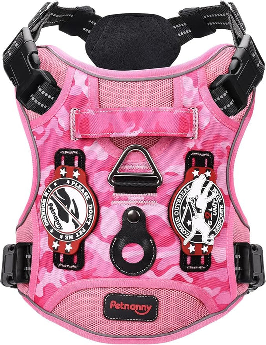 Petnanny Tactical Dog Harness No Pull Service Dog Vest L Pink Camo | Tactical Dog Vest with breathable mesh & hook loop panel, no pull harness for walking training, adjustable fit
