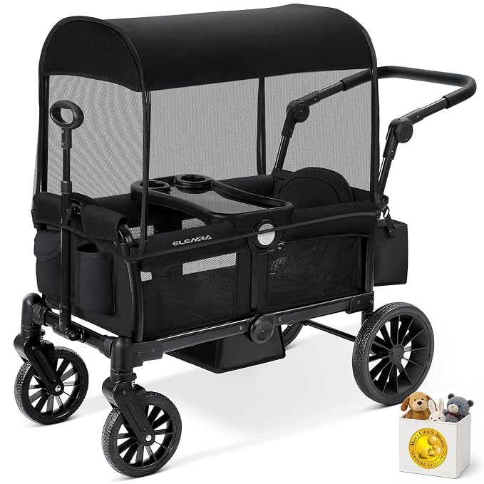 ELEMARA Foldable Wagon Stroller, Stroller Wagon for 2 Kids, Premium All Terrain Wagon for Kids with Removable Canopy, Adjustable Push/Pull Handle, Harnesses, Large Storage Bag, Black