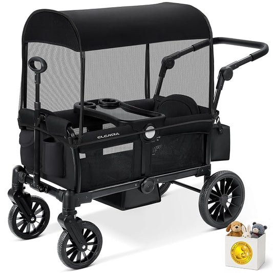 ELEMARA Foldable Wagon Stroller, Stroller Wagon for 2 Kids, Premium All Terrain Wagon for Kids with Removable Canopy, Adjustable Push/Pull Handle, Harnesses, Large Storage Bag, Black