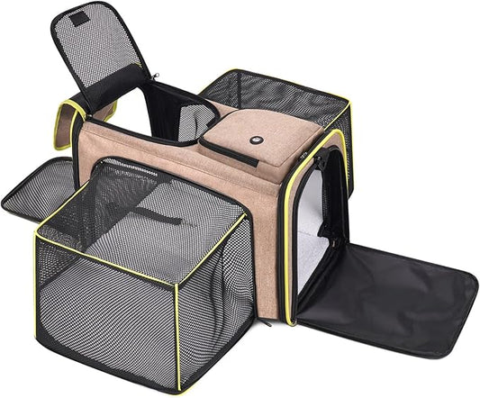 Pet Carrier, Large Soft Sided Expandable Travel Carrier with Steel Frame, Anti-Scratch Mesh, Removable Fleece Pad and Pockets for Cats, Dogs and Small Animals up to 15 lbs (Brown, 4 Sides Expandable)