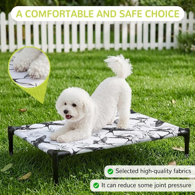 Outdoor Elevated Dog Bed for Large Dogs, Birds Leaves Breathable Cooling Raised Dog Cot for Indoor/Outdoor, Spring Farmhouse Botanical Animals Vines Waterproof Elevated Pet Beds, L 28 x 22 in