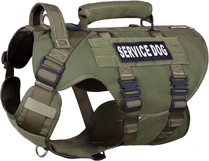 Service Dog Vest for Large Dogs, Green Tactical Harness with Military MOLLE, Breathable Mesh & 39g Metal Buckle - Size XL for Training & Hiking