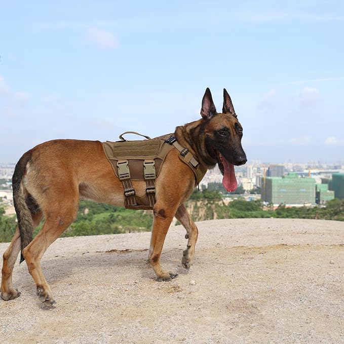 ICEFANG Tactical Mesh Dog Harness for Large Dogs,Reflective Dog Molle Vest | Summer-Cooling, Control Handle,Adjustable,Front Hook,3 Leash Clips,Soft Padded,No Pull,Brown,Large