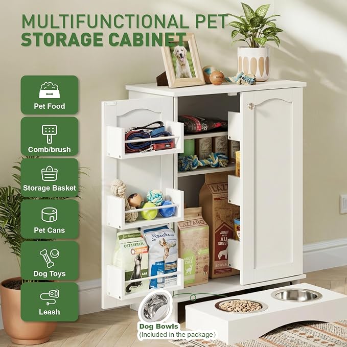 Hometis 23.5"(w) Dog Feeding Station with Storage, Dual Door Hung Storage, Hidden Feeding Bowls,(Off White)