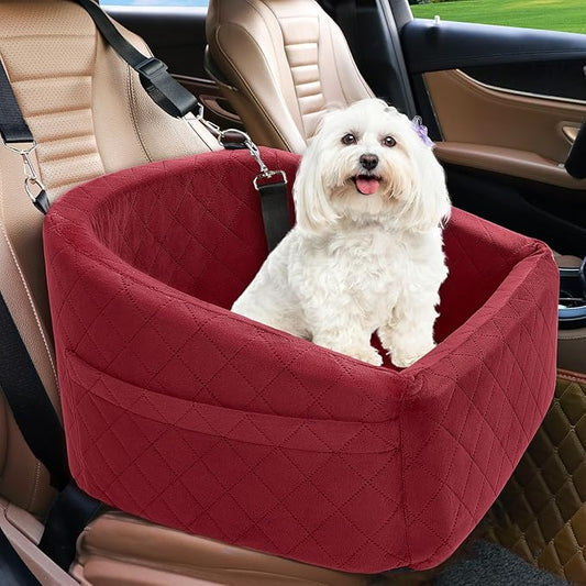 NEEZUKAR Dog Car Seat for Small Medium Dogs,Detachable Washable Dog Booster Seat Under 30lbs, Pet Car Seats Travel Bed with Storage Pockets and Safety Belt(Red)