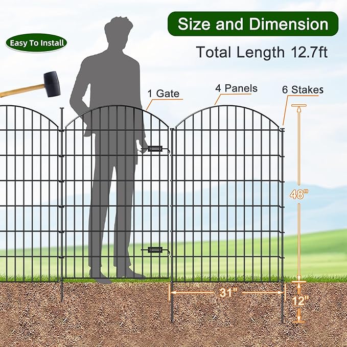 FOREHOGAR Metal Garden Fence with Gate 48in (H) x 12.7ft (L), 1 Gate+ 4 Panels Dog Fence Border Fences Animal Barrier, No Dig Garden Fencing for Yard Flower Bed Lawn Patio Outdoor, ECG4805G, Black
