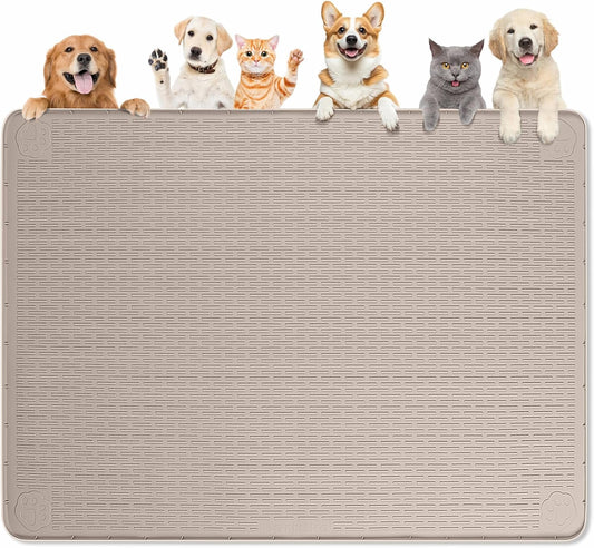 Dog Food Mat, Extra Large 50" x 35" Silicone Pet Feeding Mat with Raised Edge Pet Placemat for Small, Medium, and Large Pets Non-Slip, Easy to Clean (Khaki)