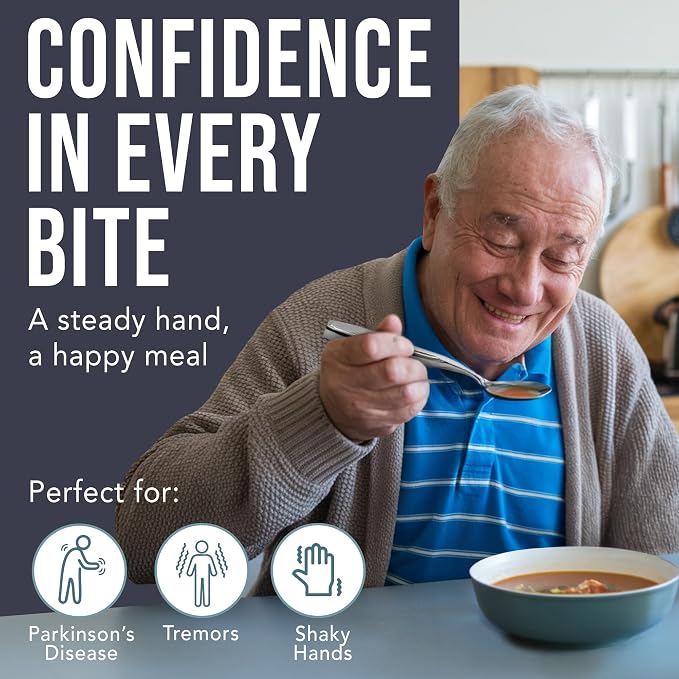 BUNMO Weighted Utensils for Hand Tremors - Elderly, Weak Hand Grip & Handicapped - Stainless Steel - Eat Independently