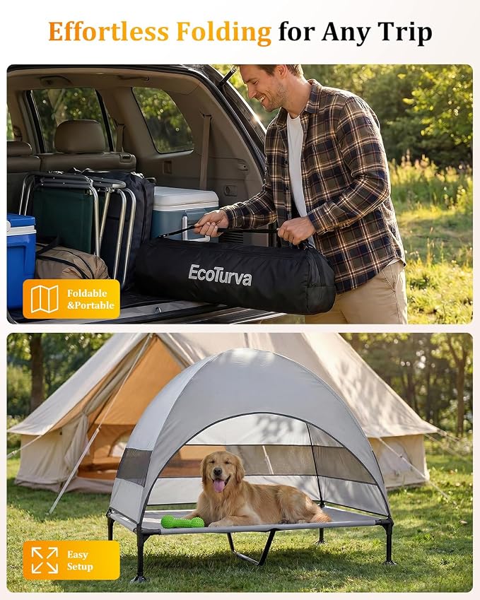 Elevated Dog Bed with Canopy - 3-Sided UV Protection Pet Tent with Wider Shade, Raised Cooling Outdoor Dog Cot with Breathable Mesh for Medium Large Dogs, Portable Bed for Camping, Patio (Grey, XL)