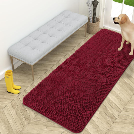 OLANLY Dog Door Mat for Muddy Paws 59x24, Absorbs Moisture and Dirt, Absorbent Non-Slip Washable Doormat, Quick Dry Chenille Mud Mat for Dogs, Entry Indoor Entryway Carpet for Inside Floor, Burgundy