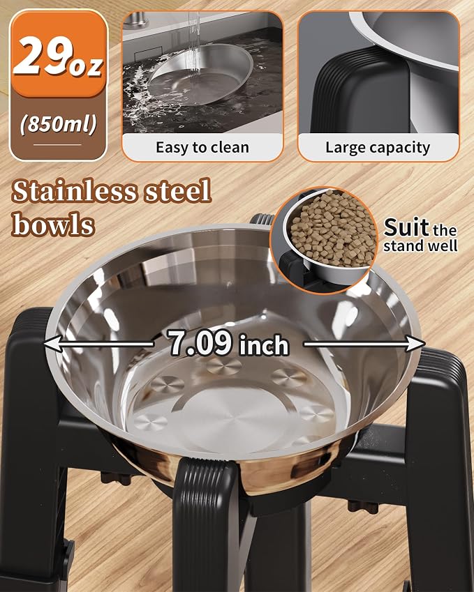 Elevated Dog Bowl, Raised Dog Bowl Stand with Stainless Steel Bowl | Elevated Pet Water & Food Bowl for Medium Dogs, Stable and Anti-Slip Raised Bowl