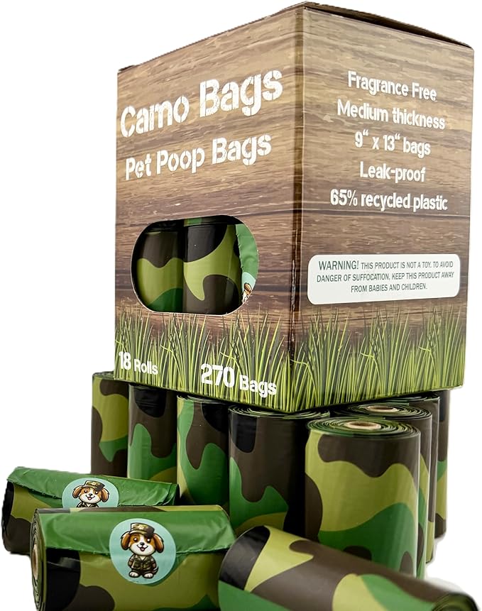 Camo Bags - Pet poop bags with a camouflage pattern. Poop bags rolls for dog walking, dog-parks, and the yard.