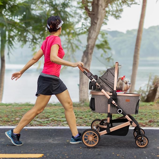 Bicystar Dog Stroller with Detachable Carrier, Rubber Wheels, 50 lbs, Tan | 3-in-1 stroller and car seat, real solid rubber wheels, fits 2 small or 1 medium pet, foldable frame