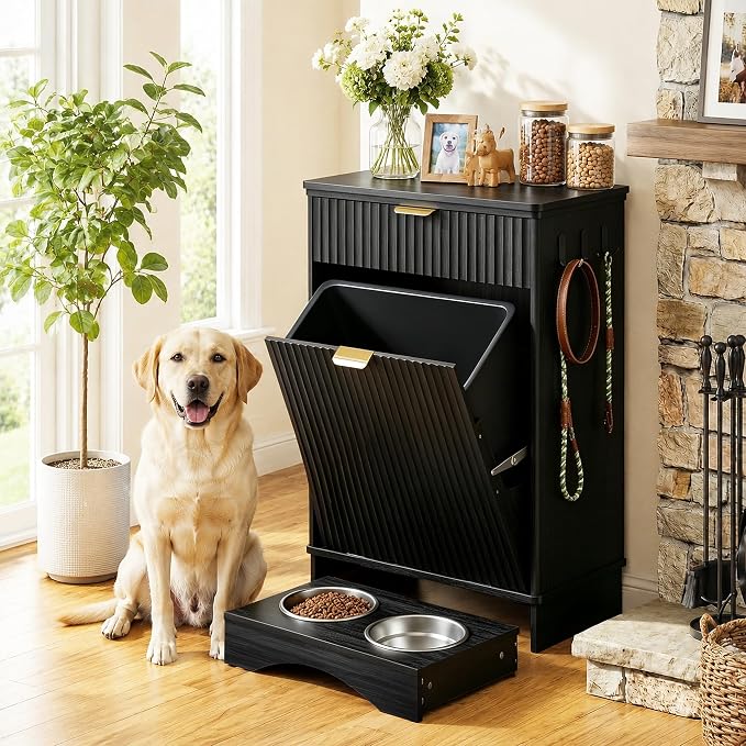 Dog Feeding Station,Dog Food Storage Cabinet,Pet Feeding Station with 2 Elevated Bowls,Hidden Pet Feeder Station with Hooks (Tilt-Out Dog Feeding Station-Black)