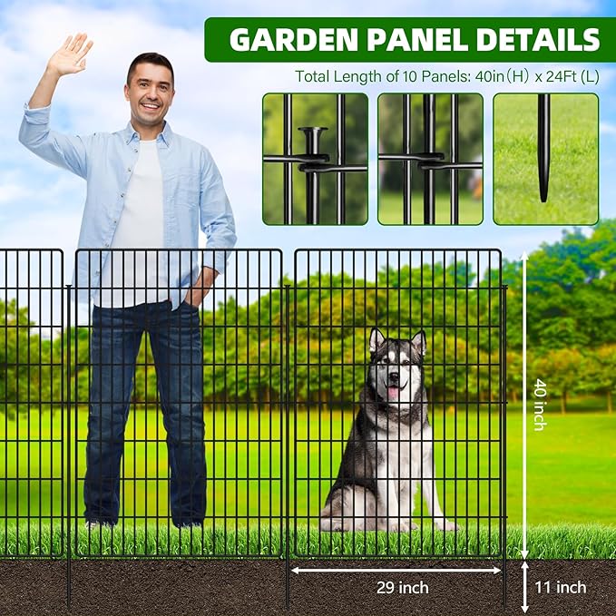 10 Panels Garden Fencing Animal Barrier, 40 in(H) X 24 ft(L) Dog Fence Outdoor for Yard Rustproof No Dig Decorative Tall Garden Fence Metal Wire Panel Border Rabbit Ground Stakes Fencing