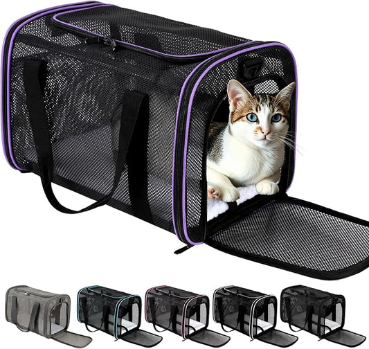 Cat Carrier, Soft-Sided Pet Carrier Bag, Breathable Mesh, Black (Purple, 17 * 11 * 11)