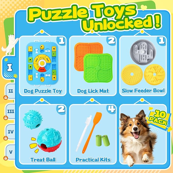 Forfon 10 Pack Complete Dog Puzzle Toy Set for All Breeds, Upgraded Enrichment Toys with Lick Mat & Slow Feeder Bowl, Suction Cup Design, Keeps Dogs Busy & Mentally Stimulated
