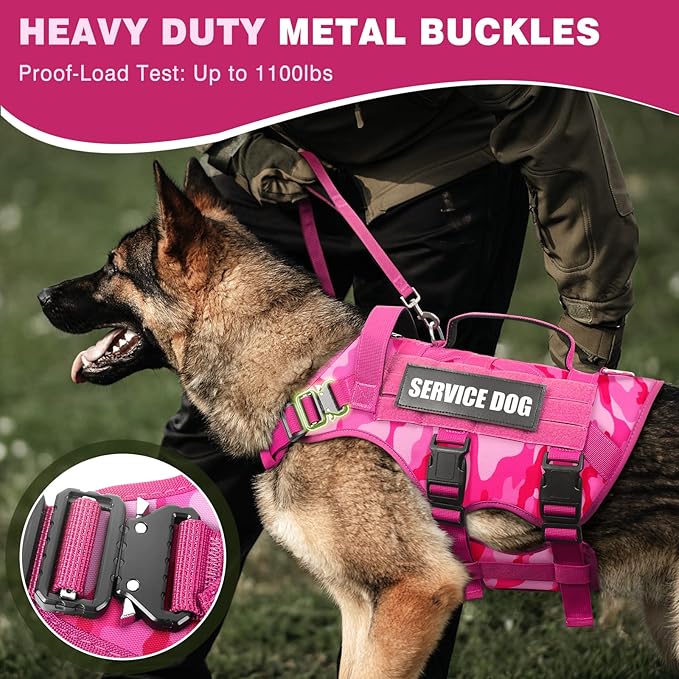 Tactical Dog Harness with Dog Leash, Service Working MOLLE Vest with 10 Pet Patches for Dog, No Pull Military Harness and Backpack for Training Hunting Walking