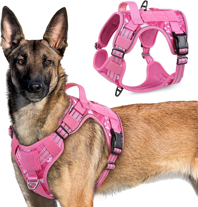 rabbitgoo Tactical Dog Harness for X-Large, No Pull Military Service Vest | Molle & Handle, Heavy Duty, Adjustable, Reflective Straps, Easy Control for Training Walking, Pink camo, X-Large