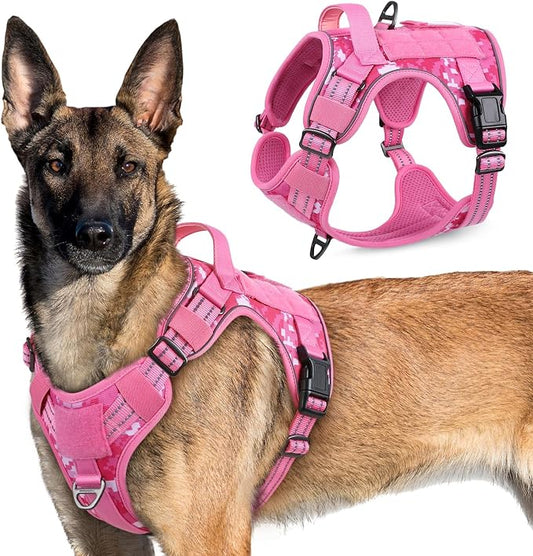 rabbitgoo Tactical Dog Harness for X-Large, No Pull Military Service Vest | Molle & Handle, Heavy Duty, Adjustable, Reflective Straps, Easy Control for Training Walking, Pink camo, X-Large