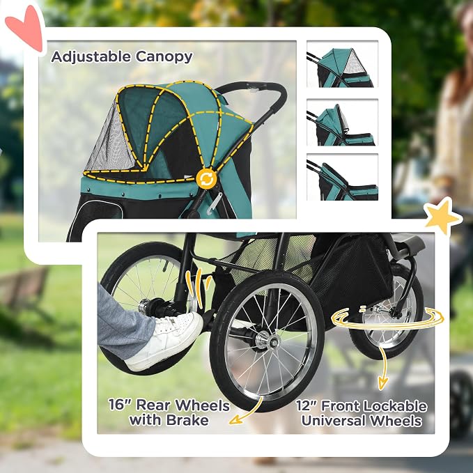 PawHut 3 Wheels Pet Stroller, Foldable Dog Stroller with Adjustable Canopy, Safety Tether, Cushion, Storage Basket, Portable Jogger for Small and Medium Dogs and Cats, Dark Green