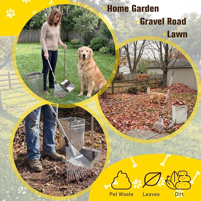 Stainless Steel Dog Pooper Scooper Set, 8.8 Gal Bucket, Long Handle | Includes Rake, Tray and Bucket for Yard Cleanup. Extra-wide Tray and Adjustable Handle Help Clean Large Dog Waste Easily