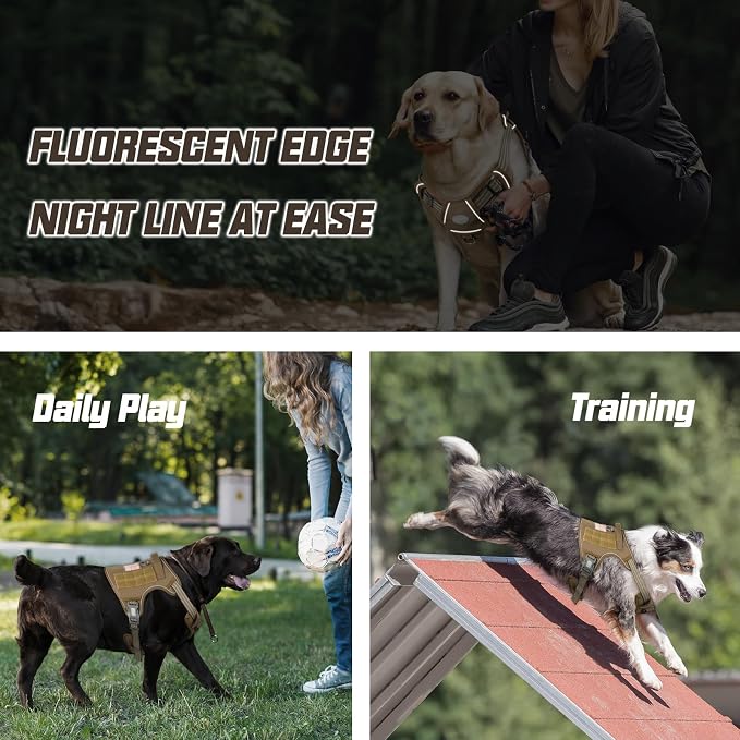 Auroth Tactical Dog Harness for Large Dogs No Pull Adjustable Pet Harness Reflective K9 Working Training Easy Control Pet Vest Military Service Dog Harnesses Army Yellow L